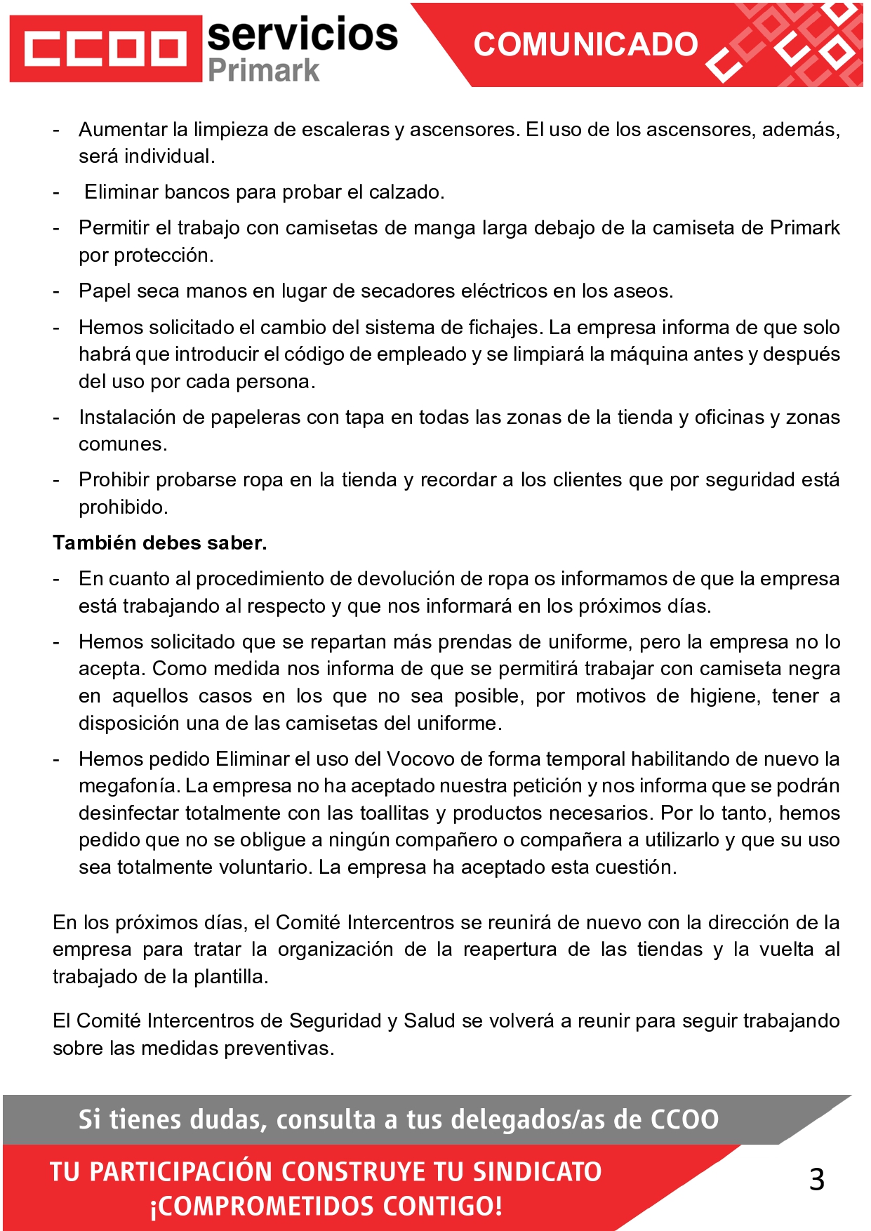 CCOO PRIMARK CORONAVIRUS COVID19 REAPERTURA REUNIÓN INTERCENTROS SEGURIDAD